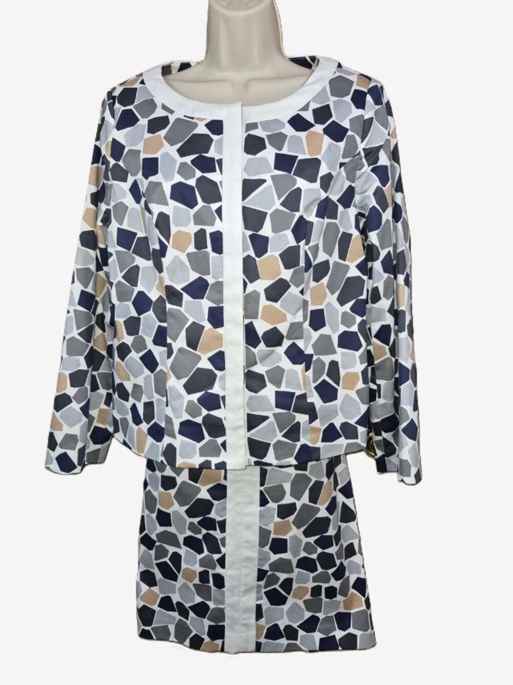 Midnight Velvet 2 Piece Skirt Set Grey/Navy/Tan/White Geometric Size 8